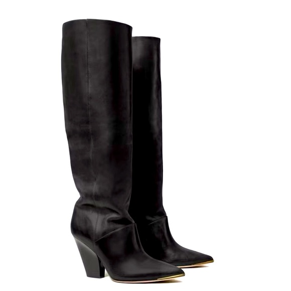 Tory Burch Shoes - Tory Burch Black Leather Knee-High Heeled Boots with Gold Toe Trim
